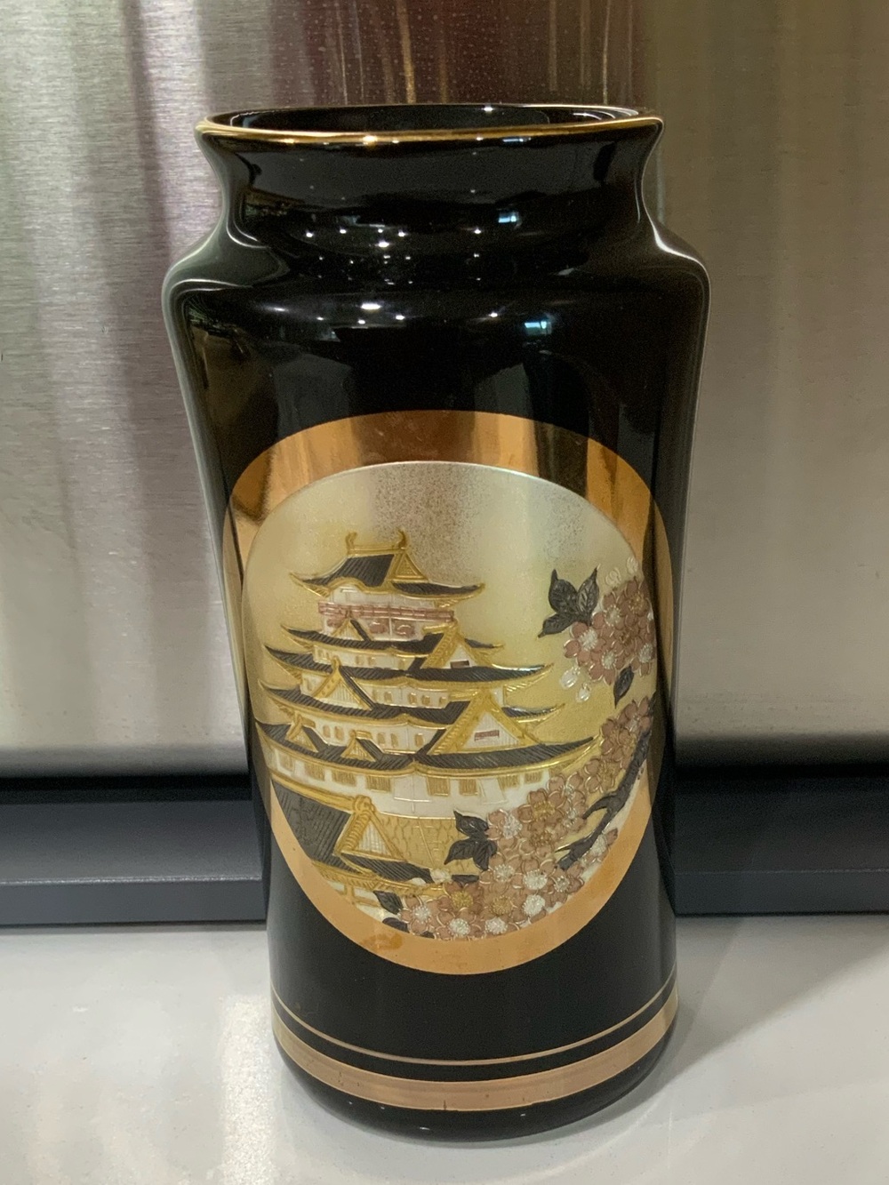 Oriental The Art of Chokin Vase Floral Flower Butterflies Hearts Black 6.25"